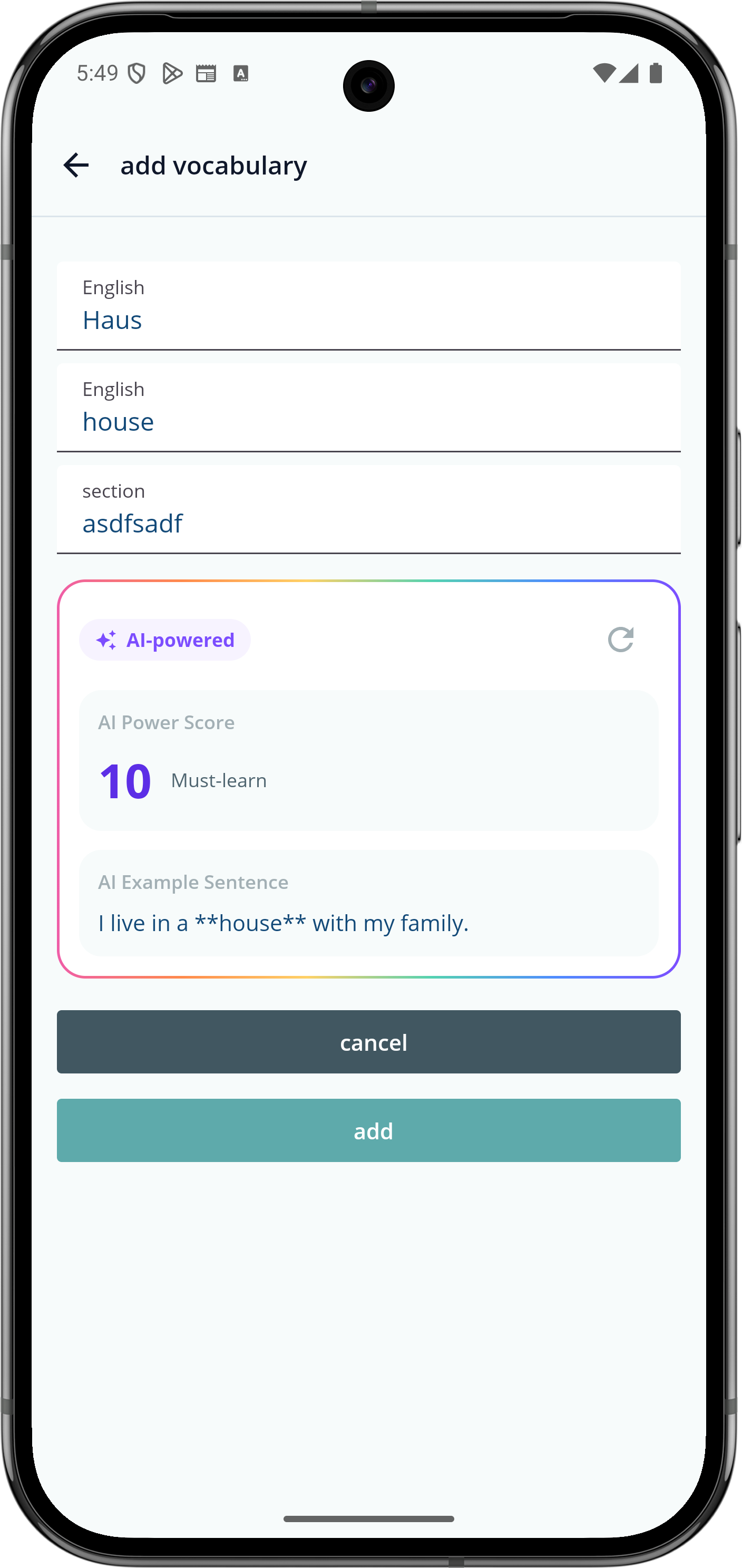 VokabelWunder example sentence and score screenshot